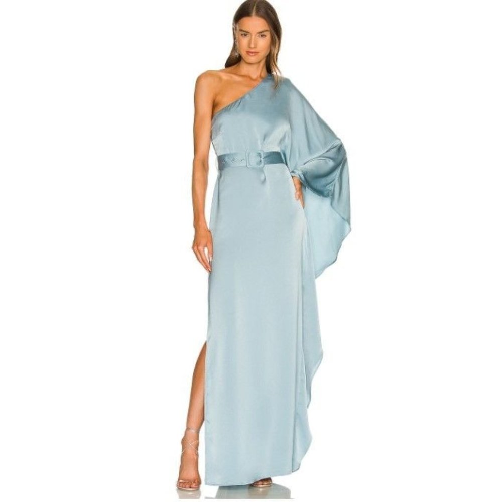NWT Michael Costello Serena Gown in Dusty Teal Blue Med *flaw